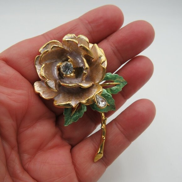 Vintage 1997 England's Rose Flower Brooch Gold Tone Enamel Rhinestone Pin Jewelr - Picture 9 of 9